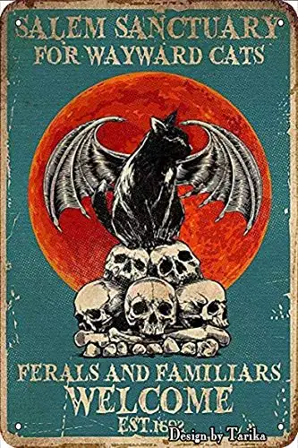 Sanctuary for Wayward Cats Ferals and Familiars Welcome Est.1692 Tin Vintage Look 8X12 Inch Decoration Plaque Sign for Hom