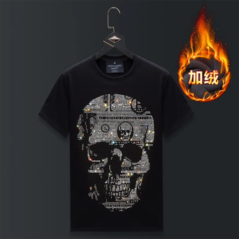 Plus Size Short Sleeve Skulls T Shirt Men Winter Clothes Rhinestones Streetwear O Neck Thick Velvet Heat Tshirts Camiseta Hombre