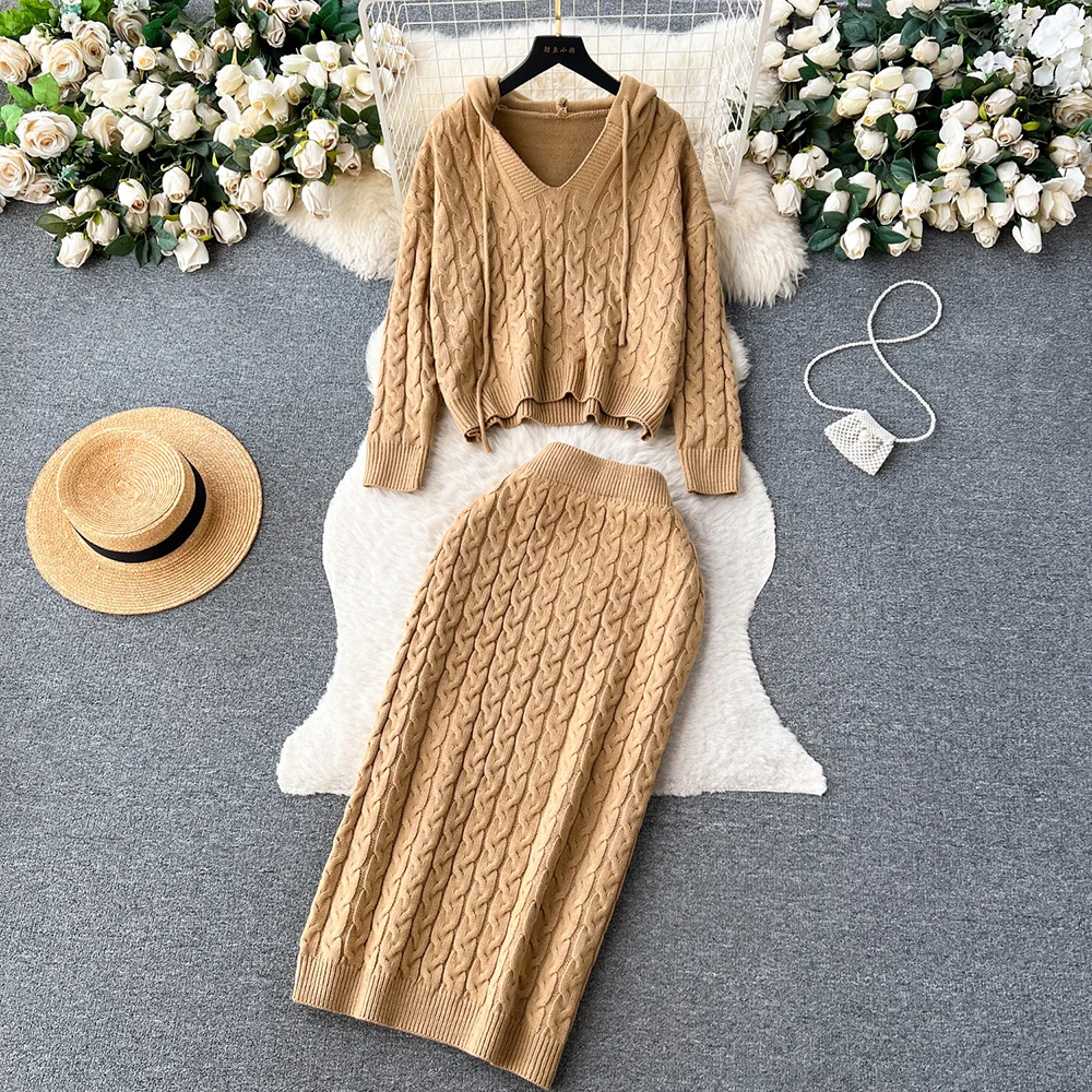 

Croysier Cable Knit Two Piece Set Casual Outfits Hooded Pullover Sweater And Midi Skirt Autumn Winter Matching Sets For Women