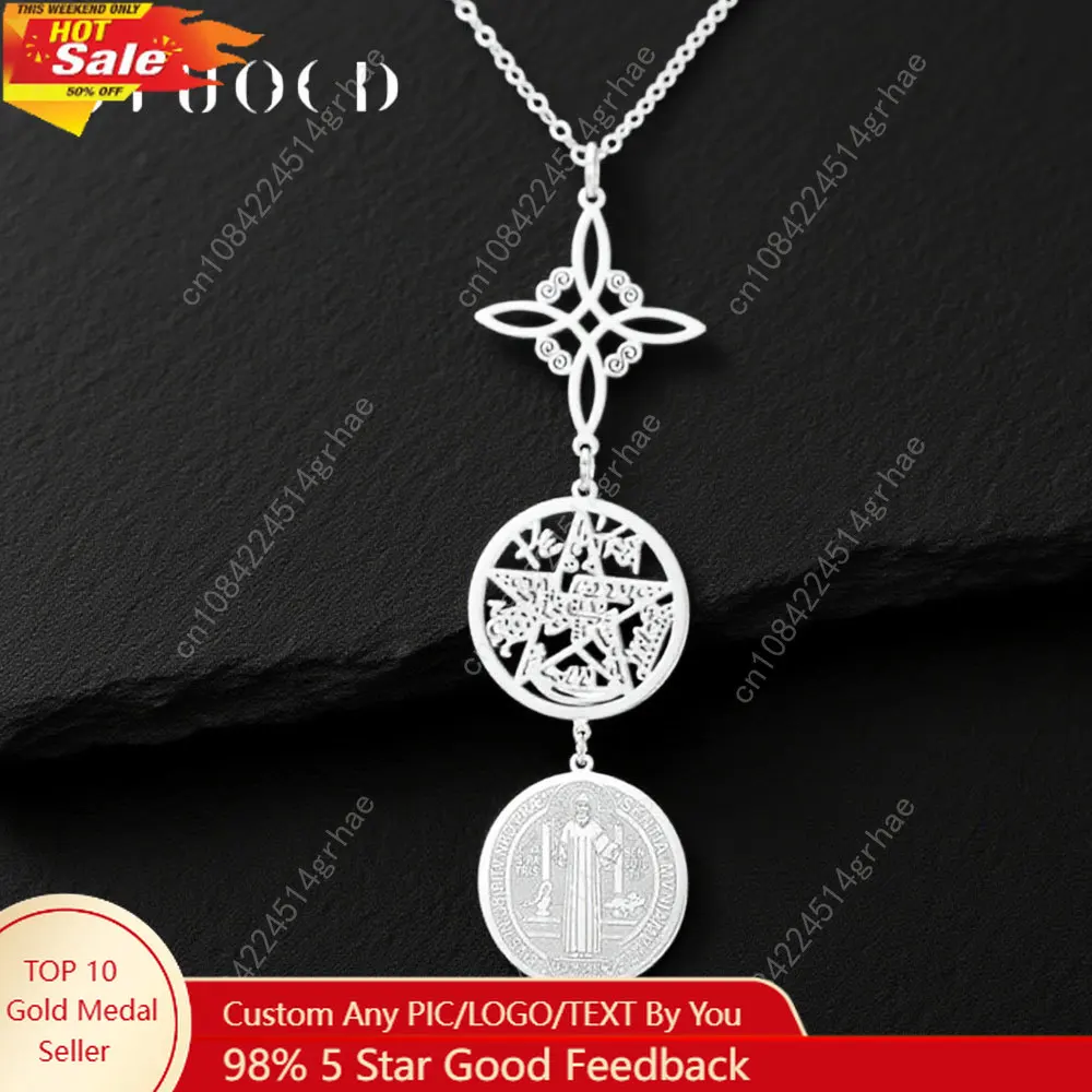 

Triple Protection Necklace With Witch Knot Pentagram Tetragrammaton St. Benedict Stainless Steel Spiritual Symbol Amulet Jewerly