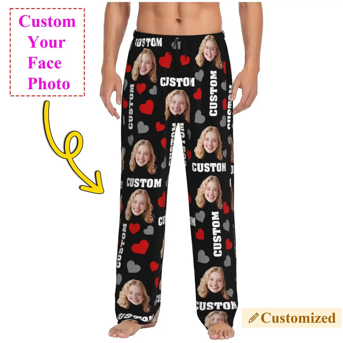 

Personalized Name Photo Custom Pajama Pants Sleepwear Men Elastic Waistband Your Design DIY Sleep Lounge Bottoms with Pockets