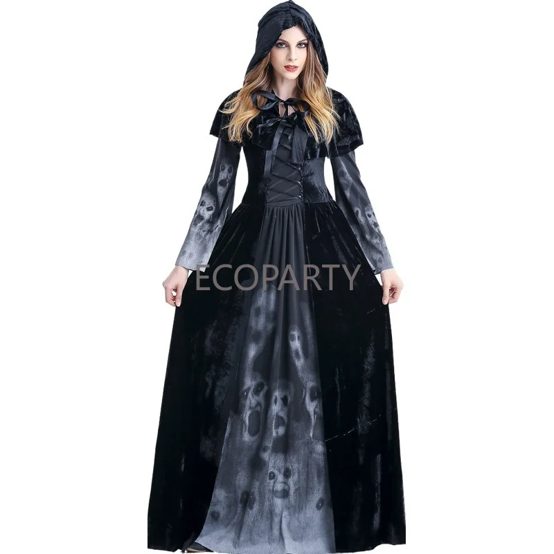 

Halloween Vampire Death Cosplay Costume Adult Makeup Dance Skull Print Death Cloak Cos Witch Dress Black Women's Gothic Dress