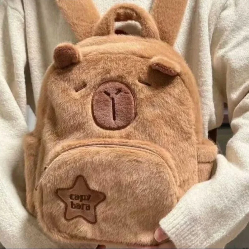 2025 New Capybara Plush Backpack Cartoon Style Women's Student Bag Soft Polyester  Vertical Square Shape No Waterproof