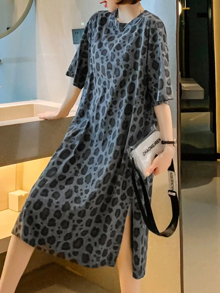 حجم كبير الصيف سبليت ليوبارد فستان المرأة الجديدة كوريا فستان امرأة فضفاضة Vestidos رداء Elbise قصيرة الأكمام طويلة فساتين السيدات #4