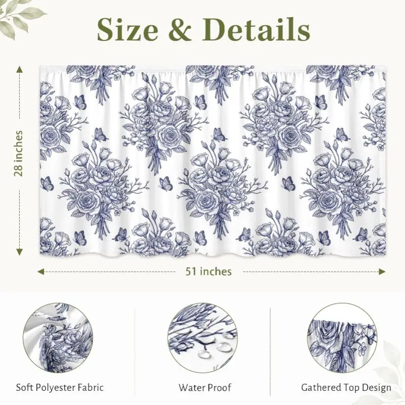 VIKAMA Vintage Blue Sketch Rose Butterfly Cabinet Curtain Floral Under Sink Dust Cover Kitchen Counter Decor Short Curtain