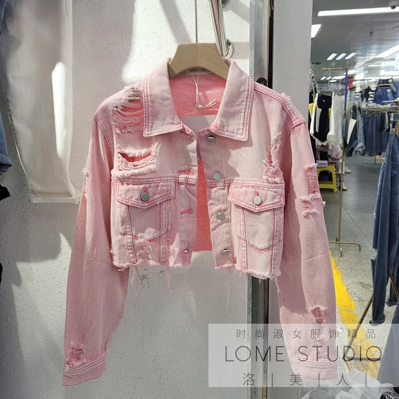 2025 Spring and Autumn new style short frayed hole jeans jacket spicy girl casual lapel long sleeve pink age reducing coat