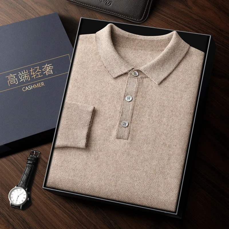 100% cashmere business casual simple and versatile polo collar sweater pullover for autumn and winter, soft and warm