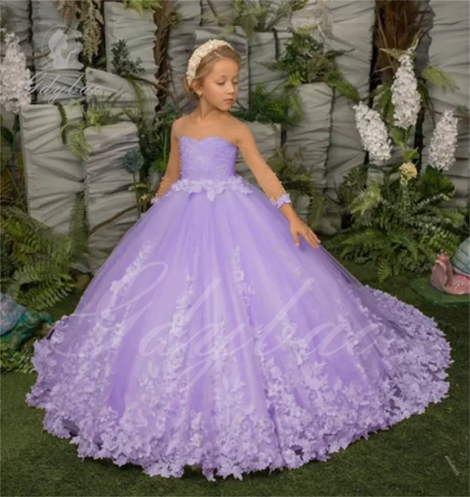 

Lavender Puffy Appliques Flower Girl Dresses Long Bow Sleeveless Beaded Tulle Birthday Prom Wedding Gowns Child Holy Communion D