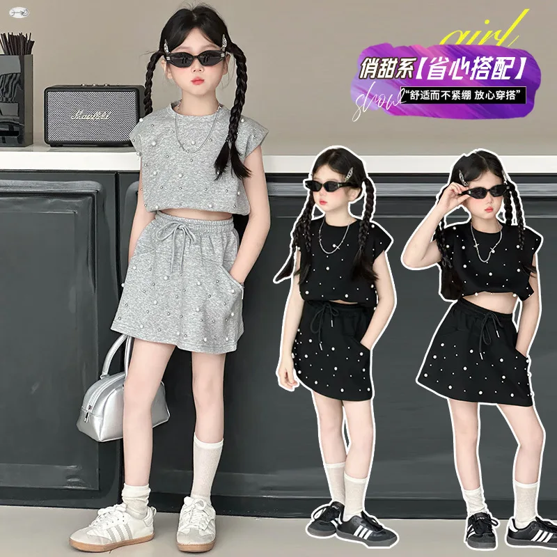 Girls Fashion Clothes Set Kids Summer Wear 2 Piece Clothing with Pearls Beads Child Streetwear Suit 5 6 7 8 9 10 12 13 14 Year