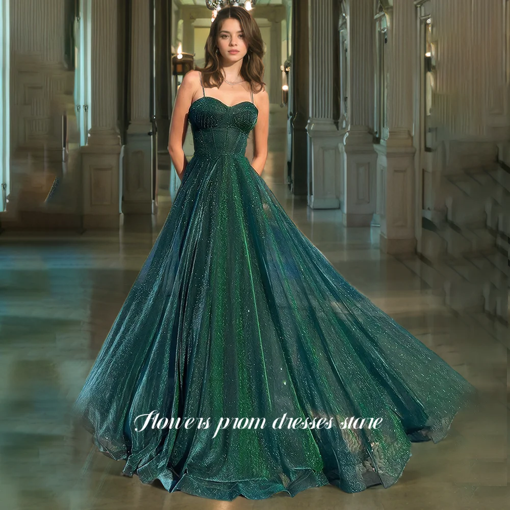 

Flowers Prom Dress Shiny Party Dress A Line Evening Dress Sequined Tulle Prom Gowns for Women Customized