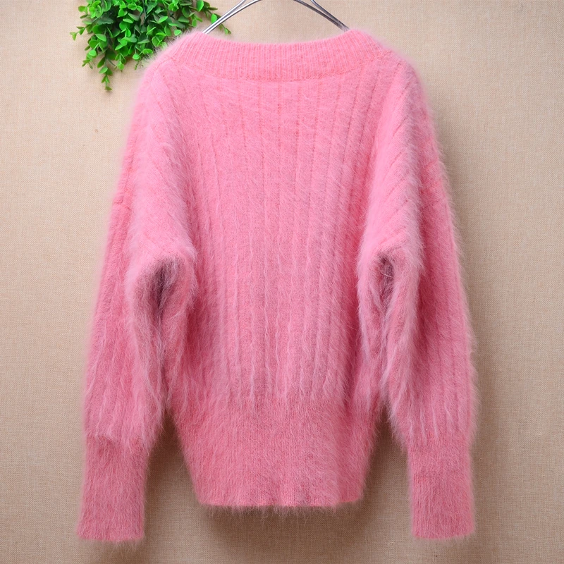 Women Mujer Autumn Winter Clothing Sweet Pink Hairy Angora Rabbit Hair Knitted V-Neck Long Sleeves Slim Blouses Pullover Sweater