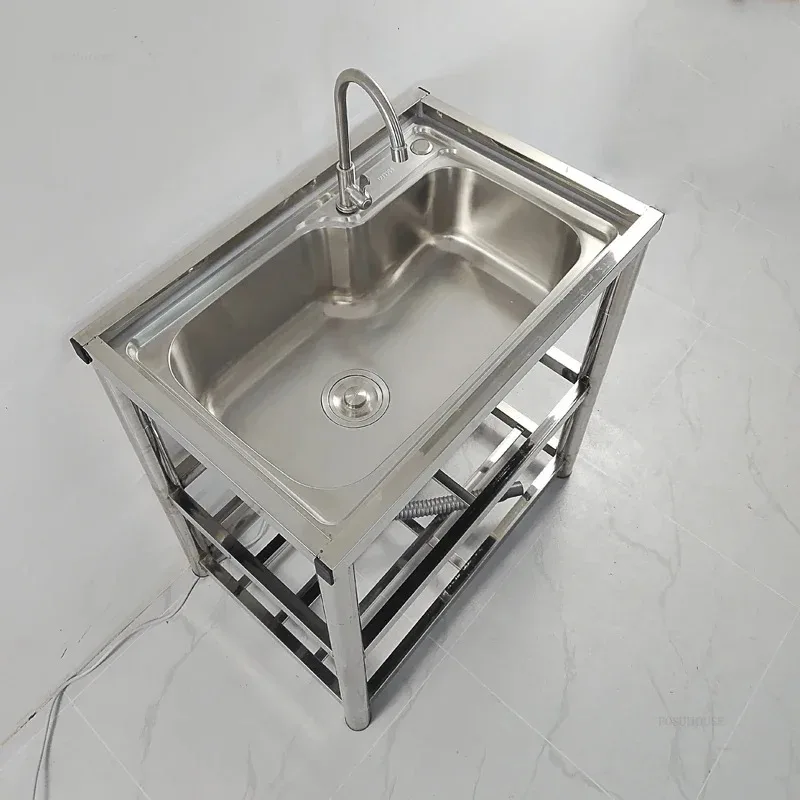Thickened Stainless Steel Sinks for Kitchen Commercial Floor-standing Kitchen Sinks with Bracket Home Outdoor Dishwashing Sink Q