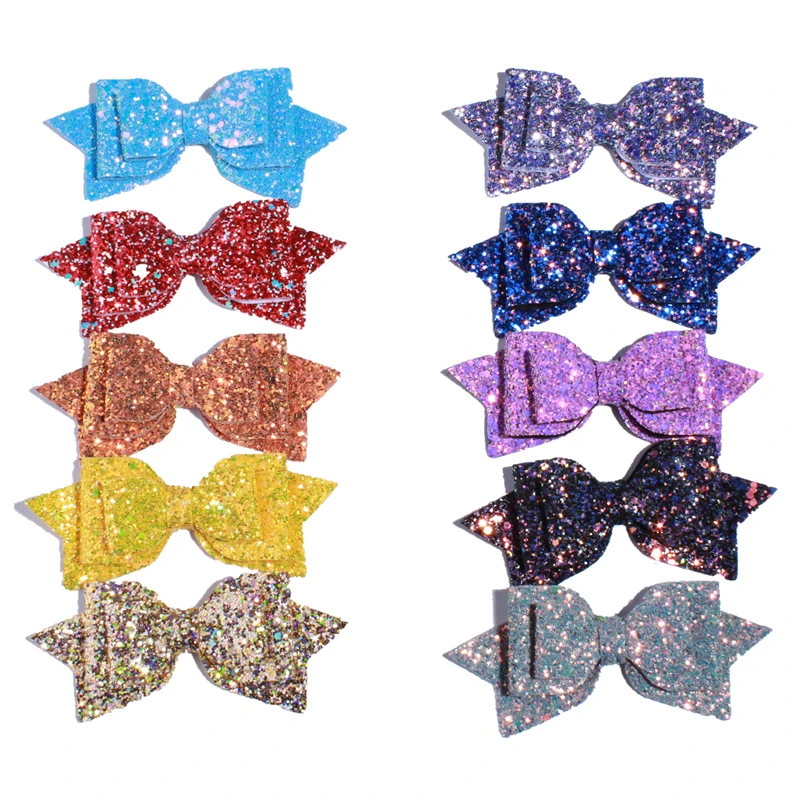 

10PCS 13CM 5'' Boutique Glitter Synthetic Leather Bow Clip Messy Sequin Bow Knot Various Color Girl Headwear Hair Accessories