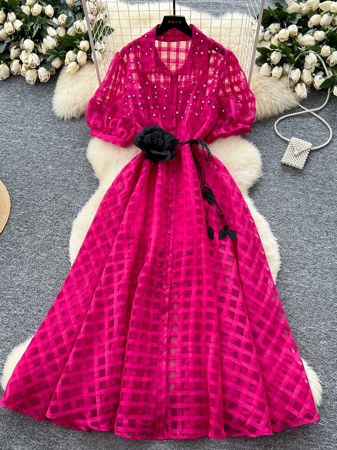 

Vintage Elegant And Beautiful Women'S Dresses Summer 2025 Trend Rhinestone Plaid Evening Dress Korean Fashion Hotsweet New Dress