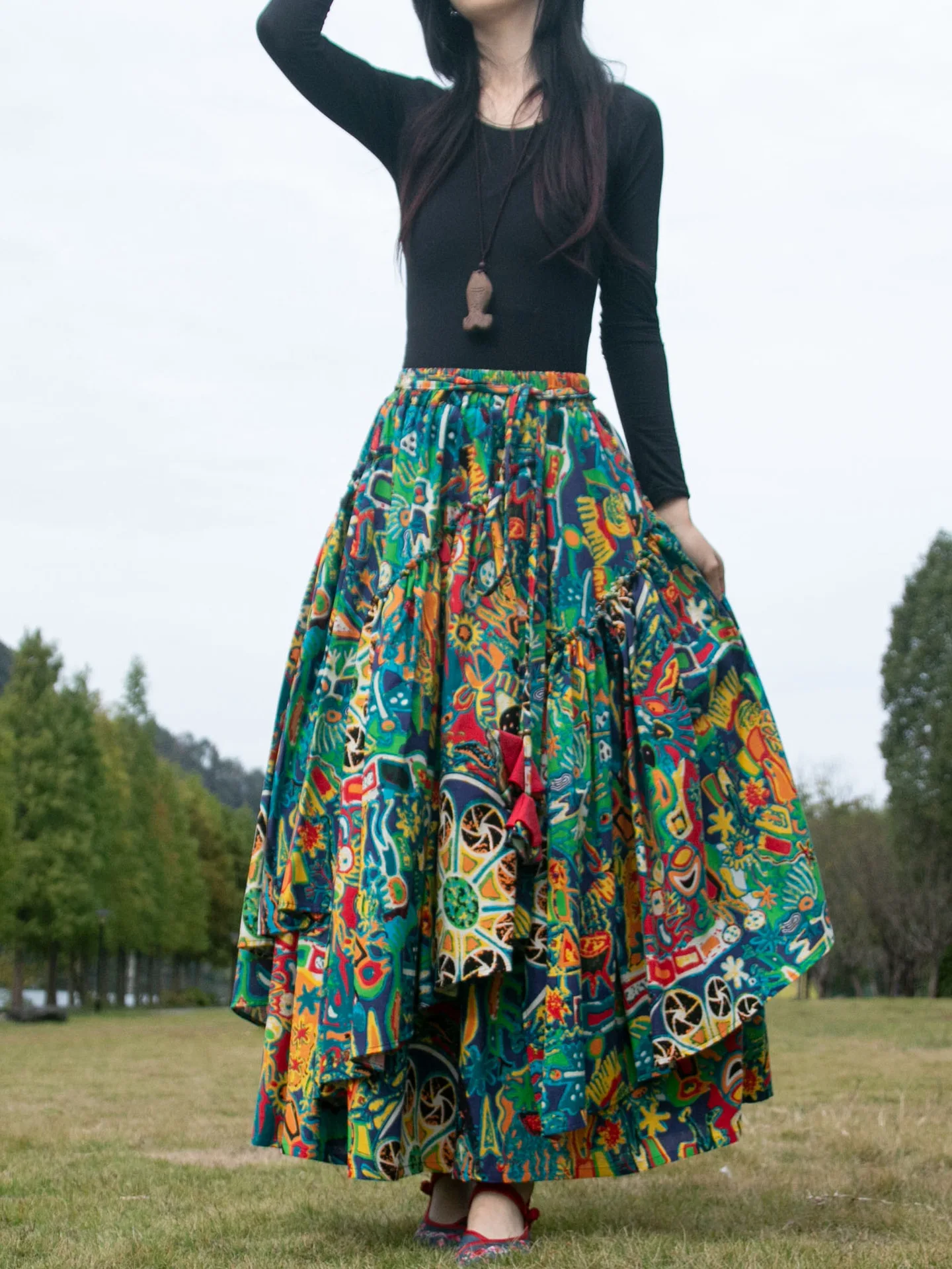 

TIYIHAILEY-Women's Long Maxi Skirt, Elastic Waist, Cotton Linen, Flower Print, Irregular, Autumn Winter S-2XL Ladies Skirts