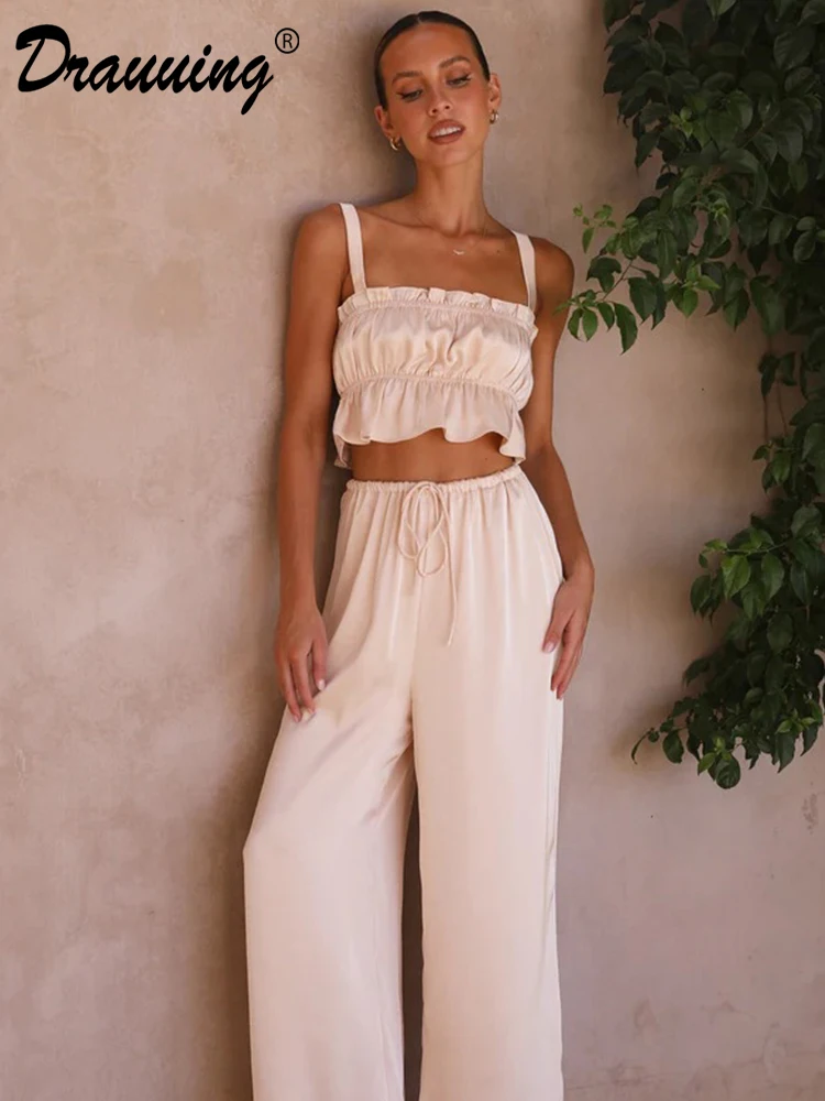 Drauuing Sleeveless Corest With Wide Leg Summer Pant Sets For Women Elegant Crop Top 2 Pieces Sets Wide Leg Pant For Women