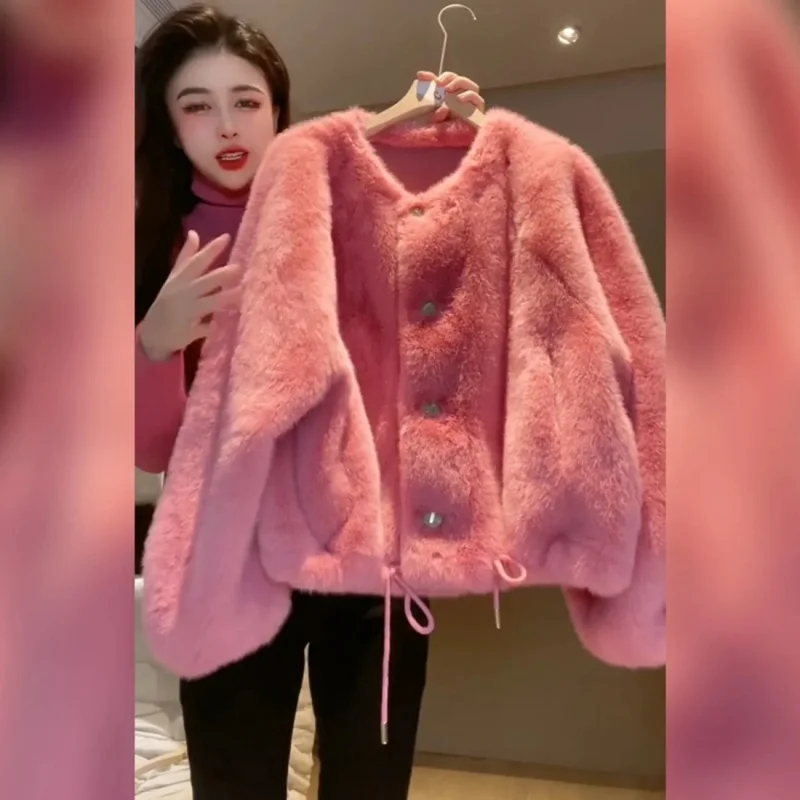Premium Round Neck Pink Coat For Women, French Style Autumn Winter Vintage, Gentle & Lazy Style, Loose Casual Plush Jacket w1927