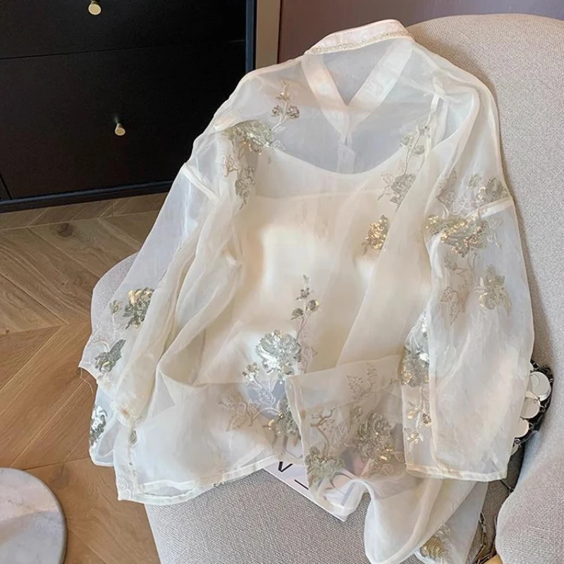 Net Yarn Chinese Style Women Blouses Trend 2024 Summer Loose Tops Korean Clothing Sales Vintage Sequins Women's Shirts