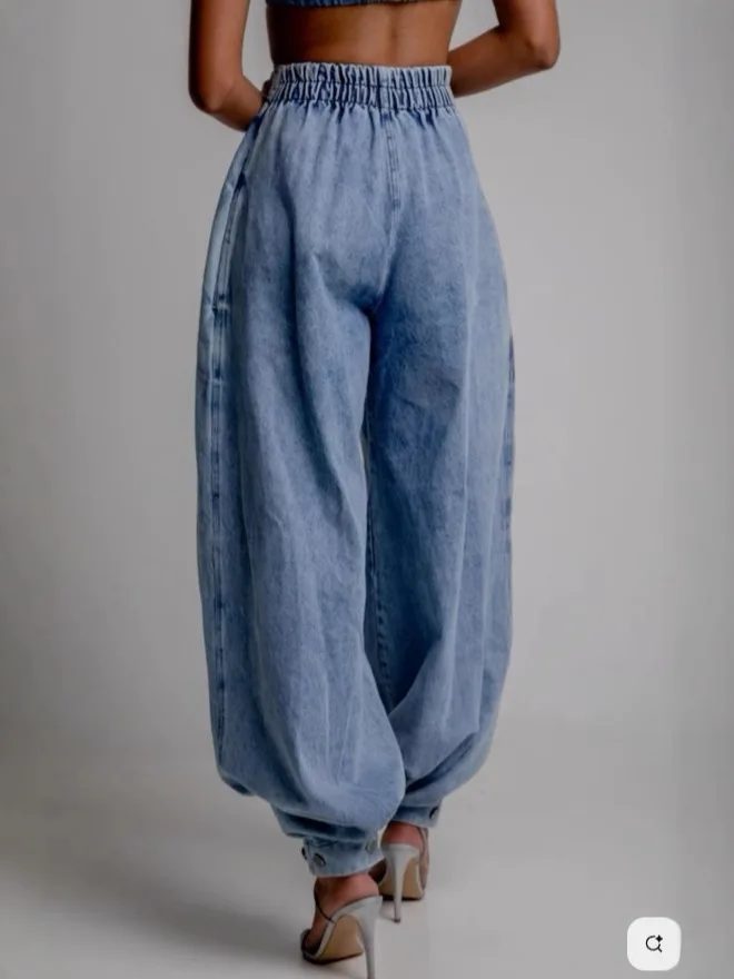 

High Waist Loose Fit Cuffed Denim Jeans Women's Winter Casual Long Pants Blue Color Slimming Leg pe Cotton Fabric Zipper Cl...