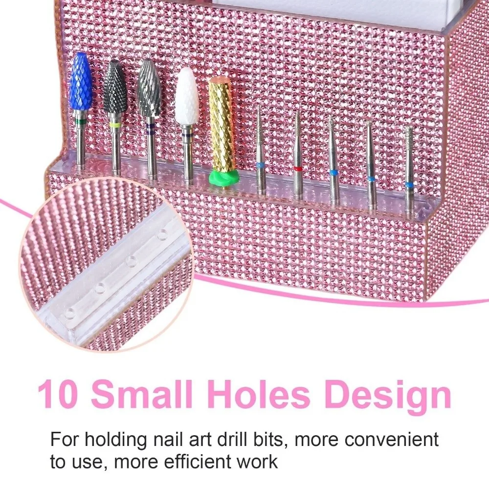 Full Rhinestone Nail Art Tool Organizer Large Capacity Dual Compartment Drill Bit Holder Multifunctional 10 Slot Holder