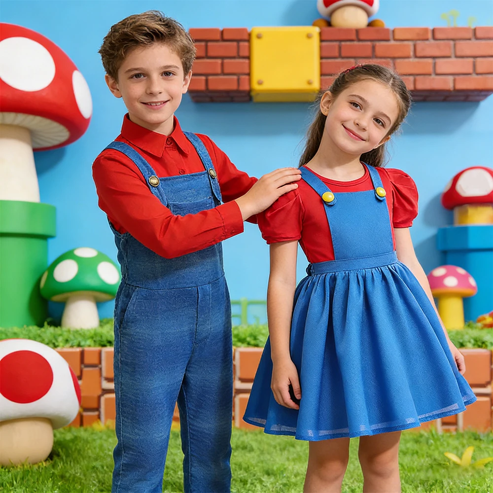 Fashion 2Pcs Sets Brother Sister Costume New Movie Super bro Cosplay Set Birthday Dress Up Boys and Girls Perform Birthday Suit