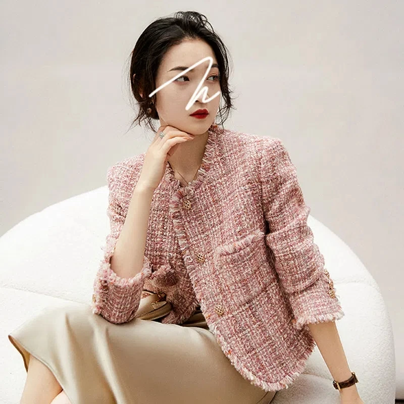 2022 Fall New Girl Classic Fragrant Tweed Short Jacket Long Sleeve Slim Fit Women Pink OL Wool Coat