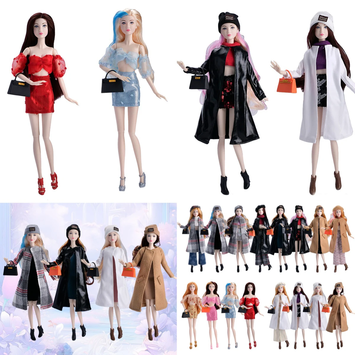 

30cm Sweet Supermodel Doll Toy Fashion White Leather Jacket+Vest+Sequin Skirt+Shoes+Handbag Set For 1/6 Babi Dolls Dress Up