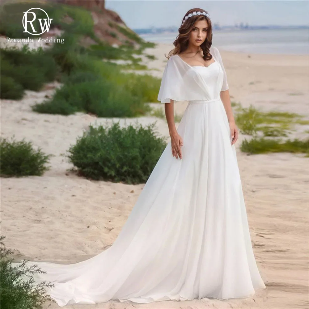 Ramanda Simple Half Sleeves Sweetheart Collar Tulle Beach A-Line Wedding Dress For Bride Boho Lace Up Back Sexy Vestido De Novia