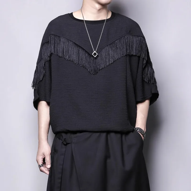 HKSH Summer New Yamamoto Men's Tide Dark Thin Round-Neck T-shirt Tassel Trim And Three-Quarter Sleeves Tees Chic Ins Y2K HK24475