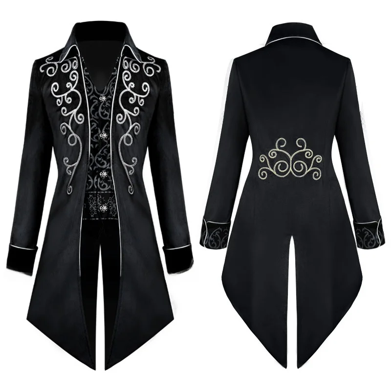 زي تنكري جديد للهالوين بطراز القرون الوسطى، سترة رجالية بذيل طويل وحواف فضية، ملابس أداء مسرحي بطابع عرقي