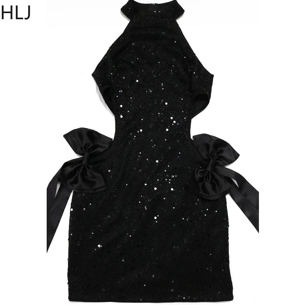 FAGADOER Bow Patchwork moulante fête d'anniversaire Mini robe à paillettes noir Sexy côté creux licou gland nuit Clubwear 2024 nouveau