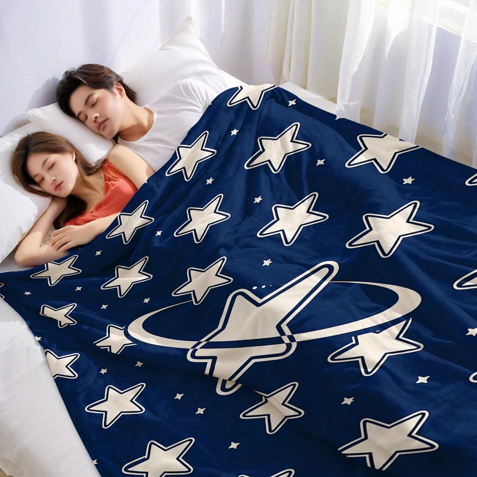 Navy Star Saturn Halloween Flannel Fleece Blanket Fluffy Warm Cozy Throw for Sofa Bedroom Home Holiday Decoration Gift