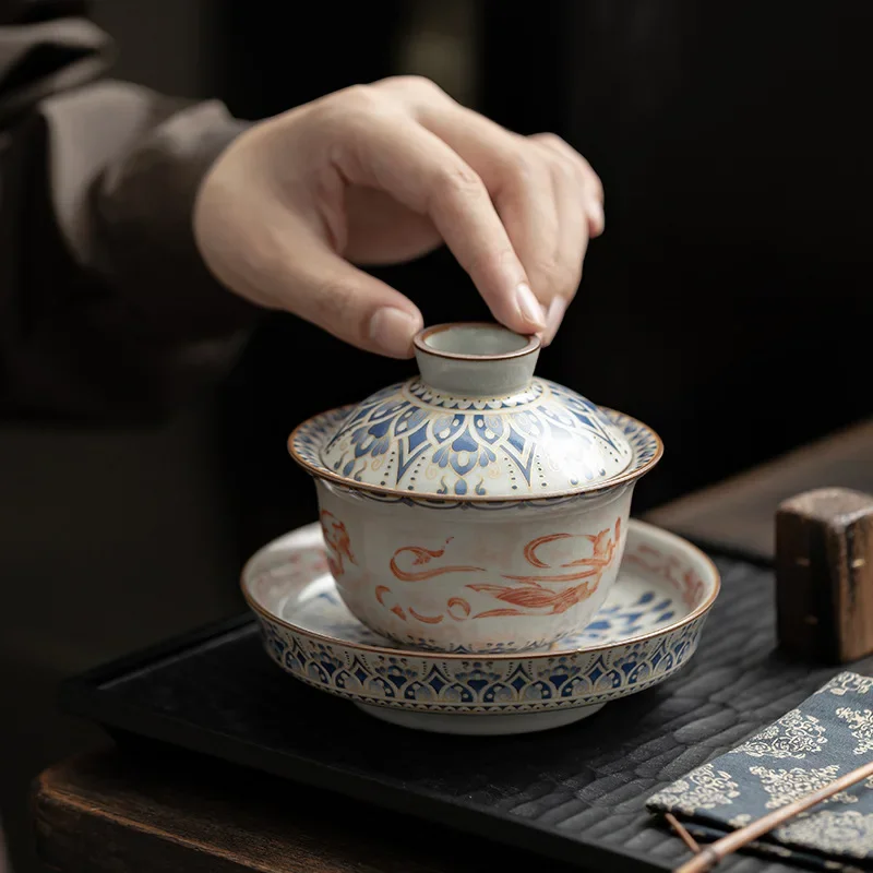 170ML Dunhuang Yuanbao Gaiwan Household Ceramic Sancai Gaiwan Imitation Song Ru Kiln Opening Kung Fu Tea Set Tea Bowl Gift Box