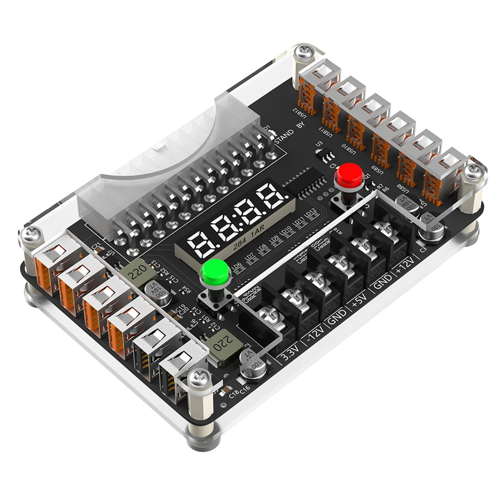 

12 Ports USB 3A 3.3V 5V 12V -12V Output Voltage ATX Power Supply Breakouts Board Module and Acrylic Case Kit for Computer PC