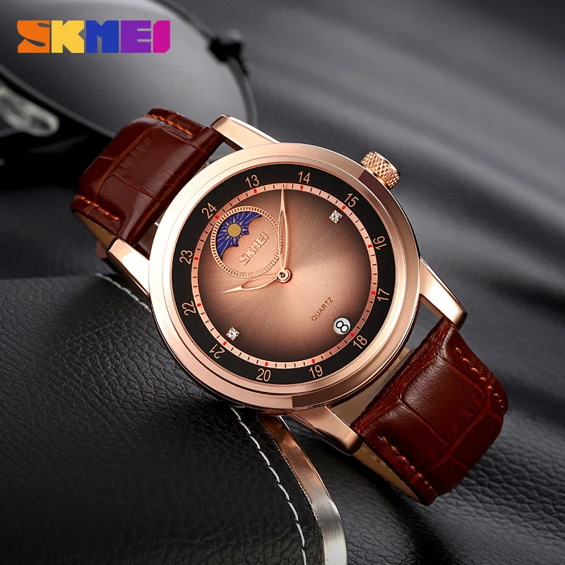 Watches for Men SKMEI Brand Fashion 2 Needle Brown Quartz Watch Luxury Leather Waterproof Moon Phase Wristwatch reloj de hombre