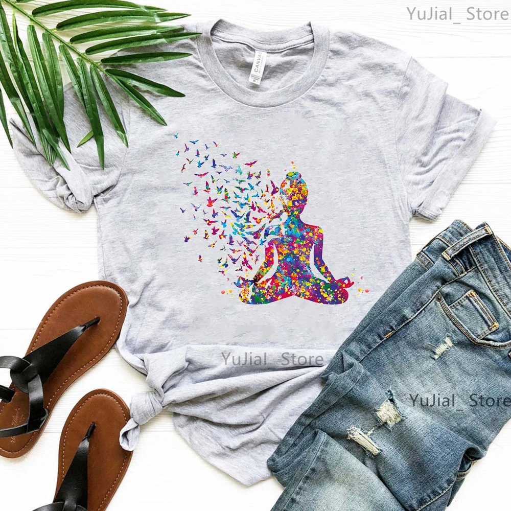 Newly Watercolor Meditation Bird Print T Shirt Women Breathe Chakra Symbols Yoga Pink/Gray Tshirt Femme Fashion T-Shirt Tops