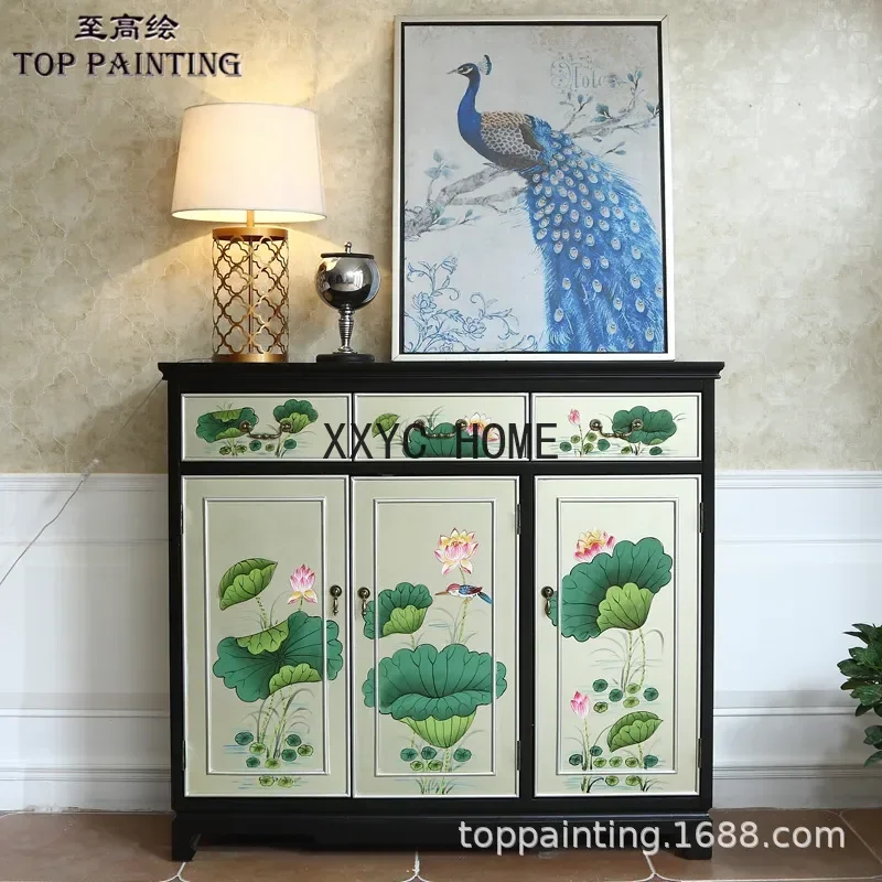 Solid Wood Painted Lotus New Classical Entrance Cabinet Screen Hallway