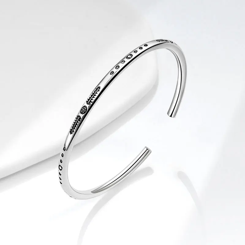 Simplicity 925 Sterling Silver Retro leaf and vine patterns Feather Thin Cuff Bangle Bracelet for Women Men Jewelry Gift