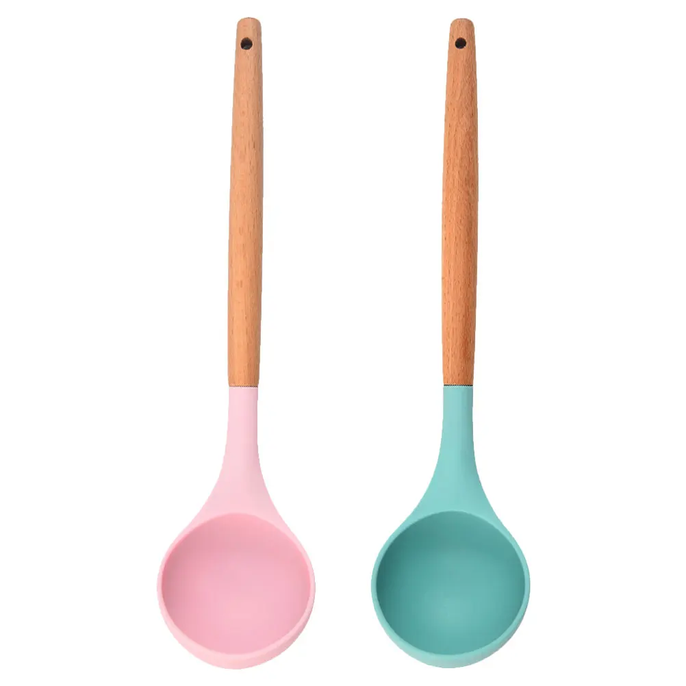 

2 pcs Silicone Soup Spoon Long Handle Kitchen Gadget Porridge Ladle Rice Scoop Cooking Utensil Household Flatware