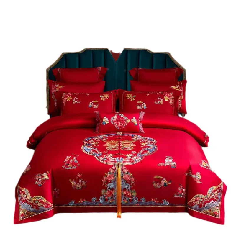 New Chinese 140 Thread Count Long Staple Cotton Four Piece Set with Red Cotton Embroidery Wedding Celebration