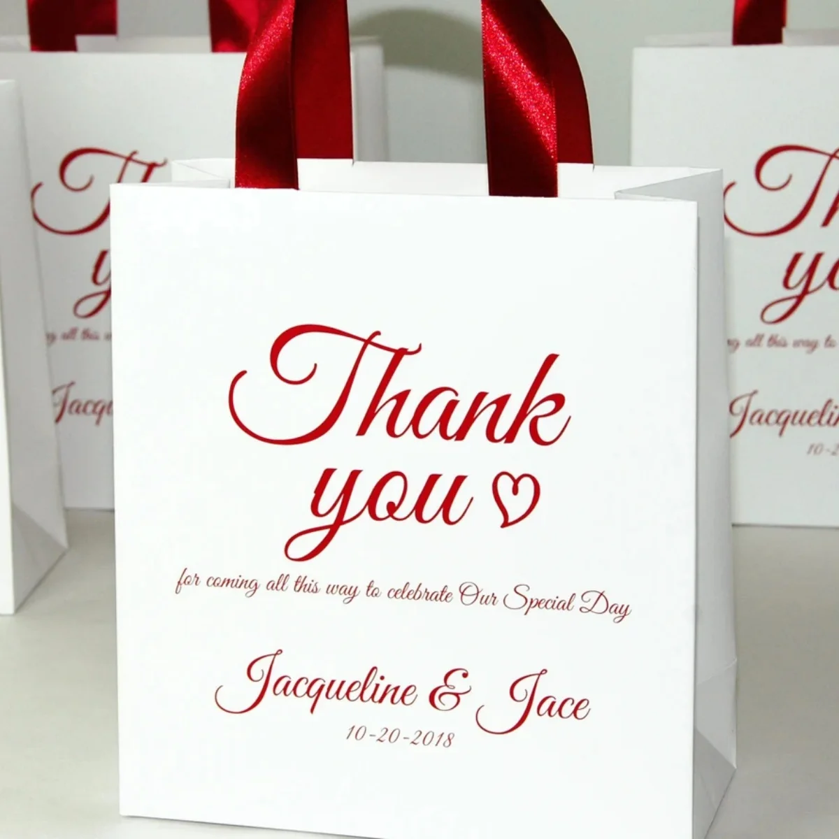 

Hola Amigos! Mexico Wedding Welcome Bags with Mint satin ribbon handles and your names - Elegant wedding gifts and favors for gu