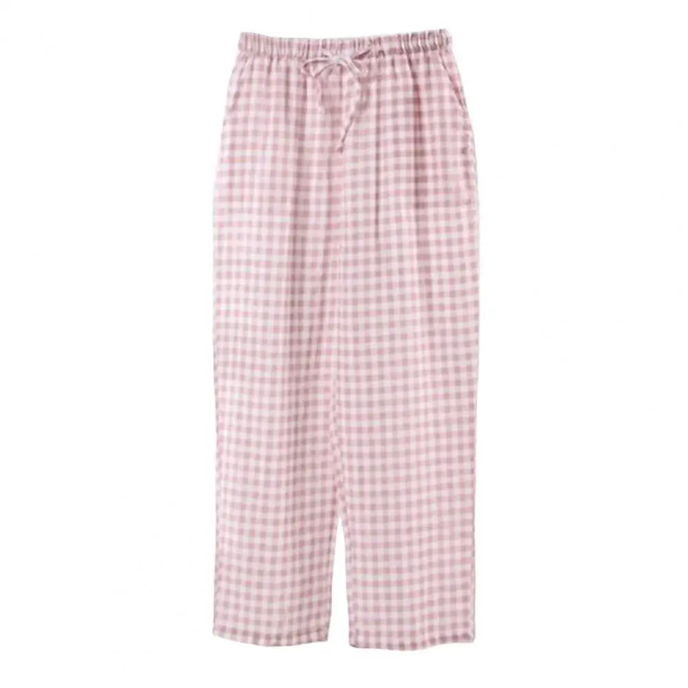 Women Pajama Pants Drawstring Straight Wide Leg Thin Plaid Print Loose Sleeping Pants Homewear