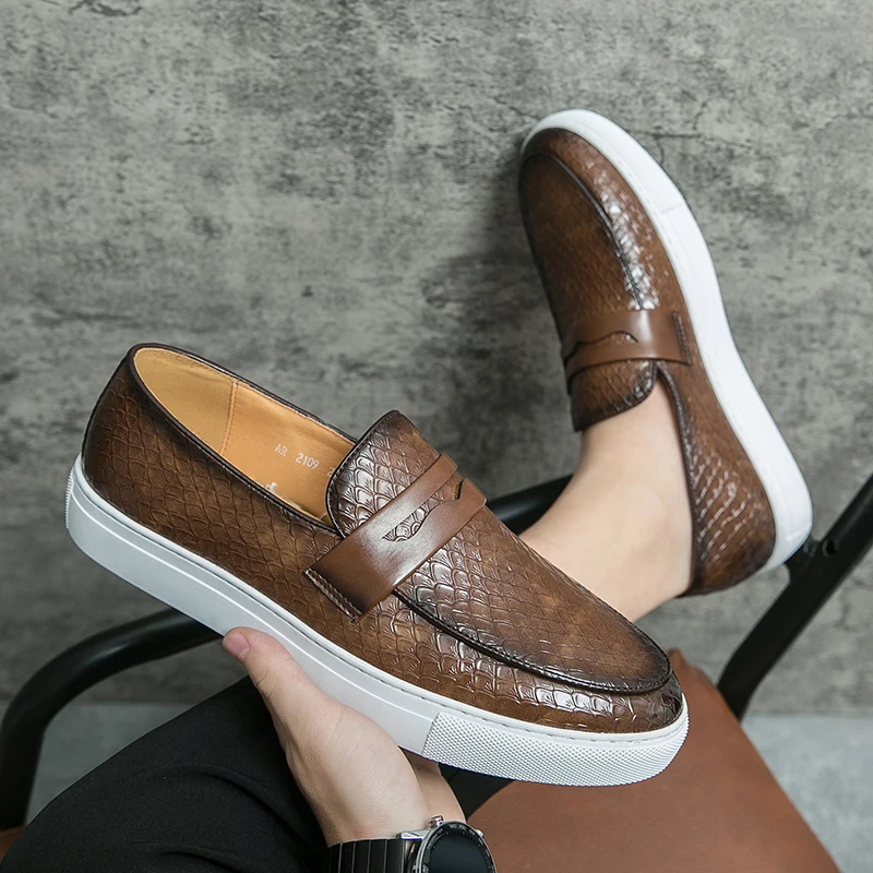 

Spring Men White Sole Casual Shoes Summer Leather Loafers Office Shoes High Quality Moccasins Comfortable Slip on Fashion Shoes