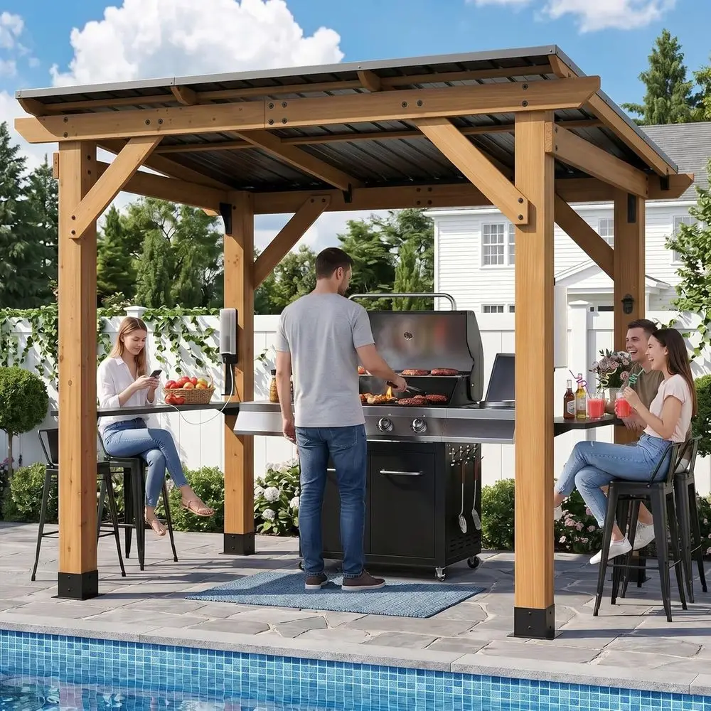 8x6 Wooden Grill Gazebo with Power Outlets, Sloping Hardtop BBQ Pavilion, Dual Shelves, Paper Towel Holder, and Bottle Opener fo view 2