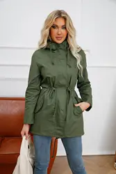 2024 New Cotton Hooded Trench Coat Women's Spring Autumn Jacket Zipper Loose Drawstring Solid Color Windbreaker Women's Clothing