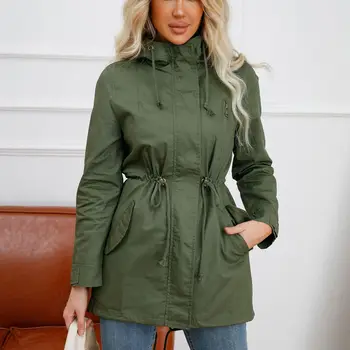 2024 new cotton hooded trench coat women spring autumn jacket zipper loose drawstring solid color windbreaker women's clothing