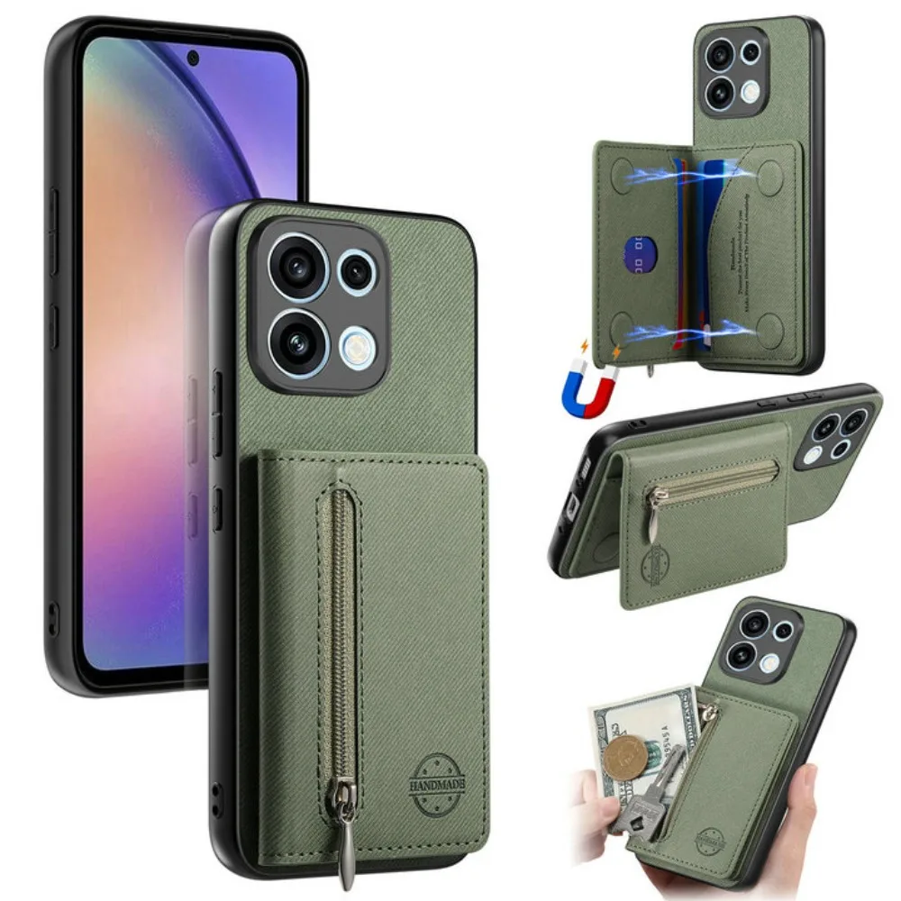 Reno16 15 14 13 FS 16F 5G Zipper Leather Wallet Case For OPPO Reno 16 Pro Back Cover Reno 15 Pro Max 15F 14F 13F Funda