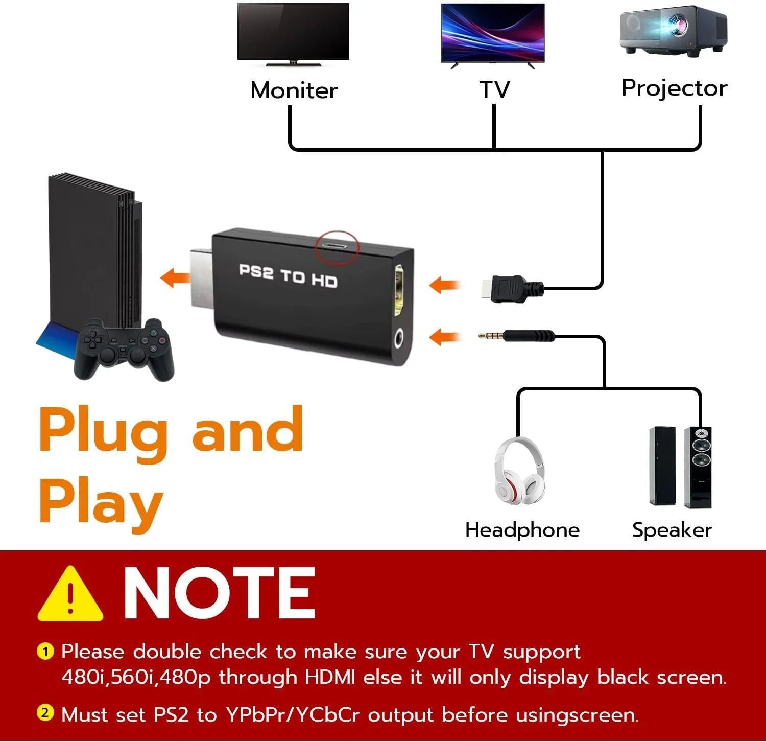 PS2 to HDMI compatible audio and video conversion adapter cable supports all PS2 display modes suitable for HD TVs monitors TV