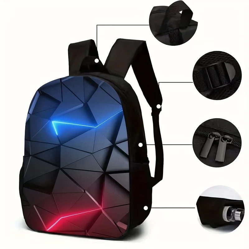 3pcs Geometric Pattern Print Backpack Set (Includes Lunch Bag And Pencil Case) - Ultra-Soft Durable Material, Adjustable Straps,