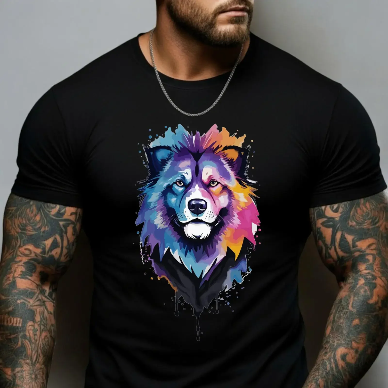Men's Colorful Abstract Wolf Head T shirt Vibrant Wildlife Splash Art Trendy Majestic Predator Apparel Top vintage Washed